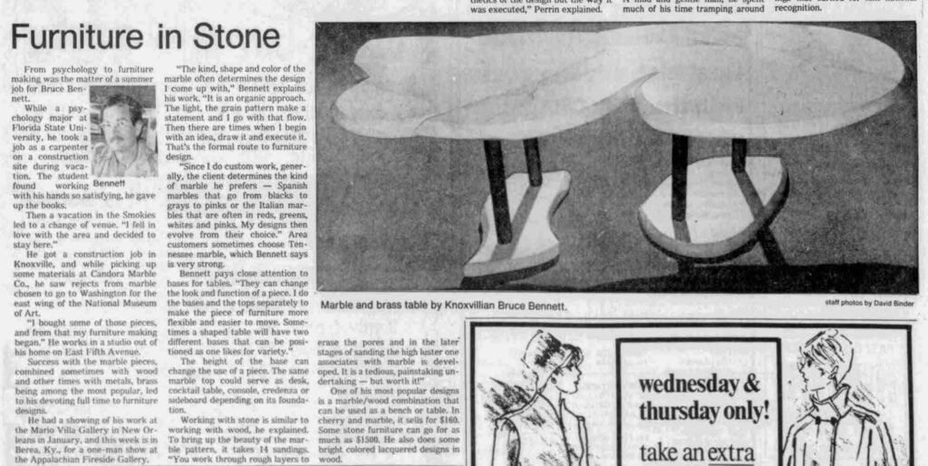 Bruce Bennett 1984 Knoxville News Sentinel "Furniture in Stone" article