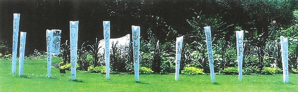 Bruce Bennett’s Darts, a group of tall carved Tennessee Pink Marble steles installed outdoors at the UT