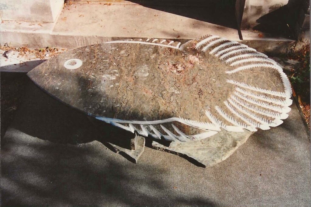 Bruce Bennett sculptural fish-form coffee table in Breccia Pernice marble