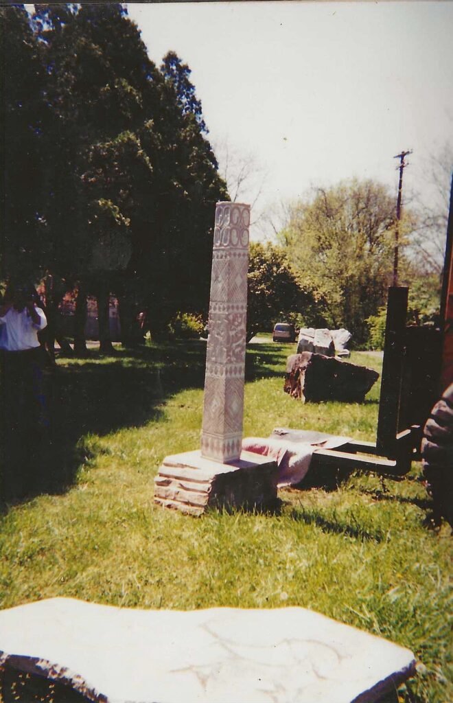 Beve Lea Michaels’ A Tribute to Africa, a carved Tennessee marble monolith featuring African-inspired symbols, created for the 2003 One-Ton Show.