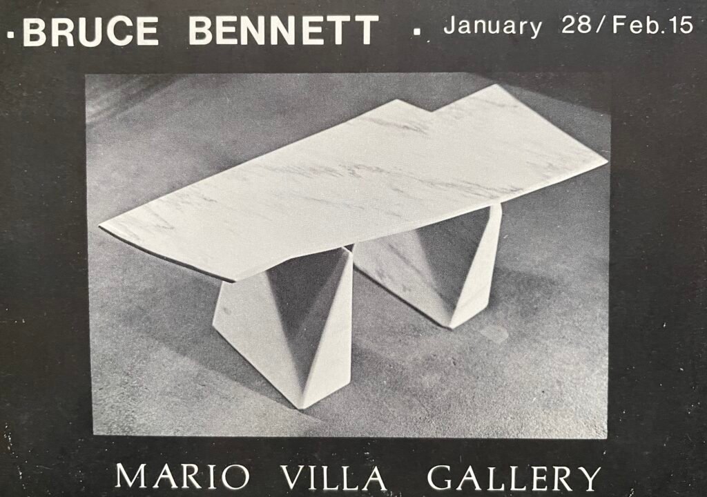 Exhibition announcement for Bruce Bennett at Mario Villa Gallery, January 28–February 15, featuring one of Bennett’s sculptural marble tables.