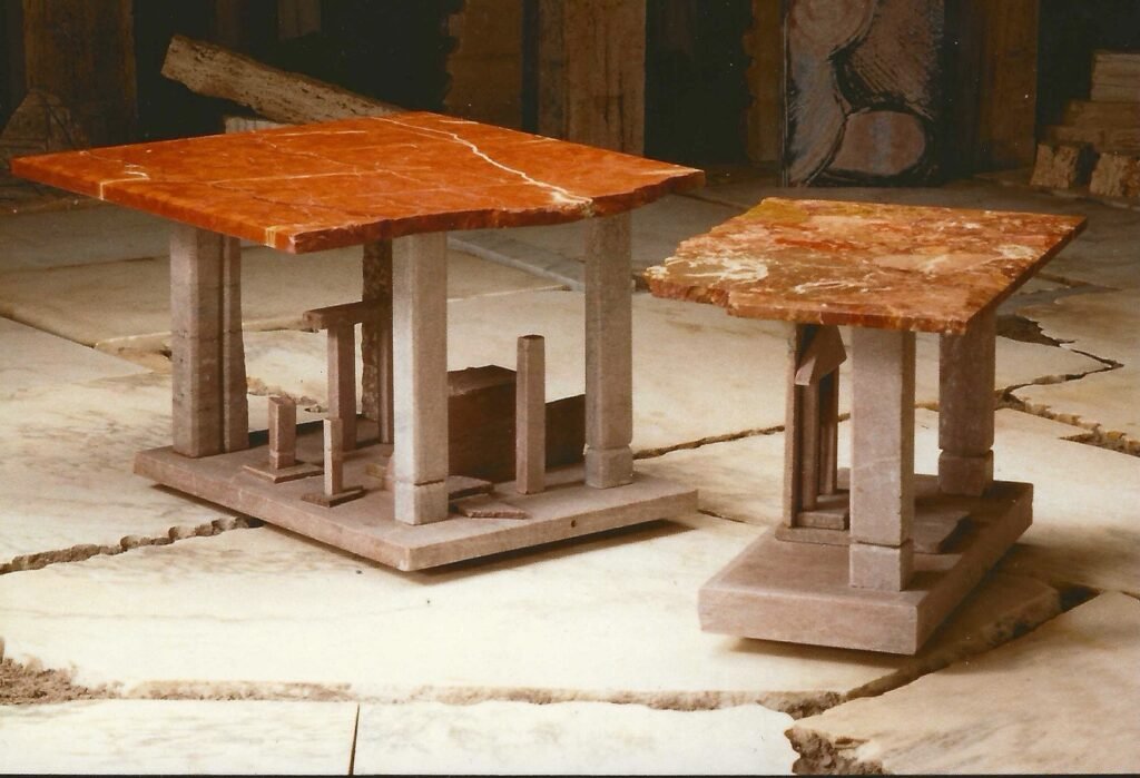 Bruce Bennett table with Rosso marble top and contrasting limestone base