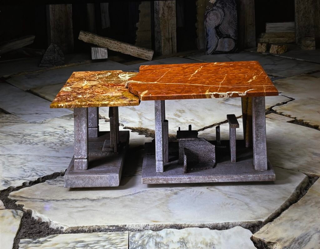 Bruce Bennett table with Rosso marble top and contrasting limestone base